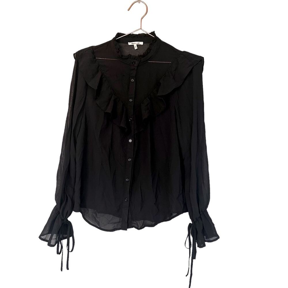 Bleuh ciel black semi sheer ruffle sleeve blouse with ties on bottom of sleeves